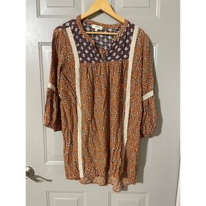 Umgee Tunic Top Womens Large Orange Floral Excellent Boho Crochet Lace K2021